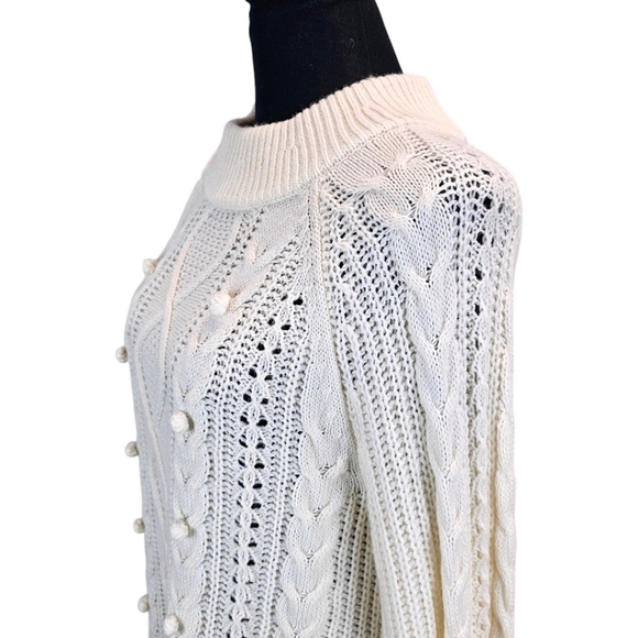 J. Crew Lambswool Blend Pom Pom Cable Knit Sweater Ivory Size Medium Capsule - Picture 8 of 13